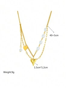 1pc Gold-Plated Titanium Steel Multi-Layered Faux Pearl & Heart Detail Necklace For Layering - Gold - View 3