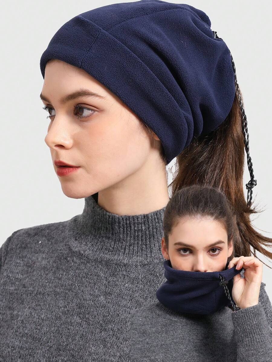 基本款针织仿领保暖内衬头饰围巾防风保暖颈部保暖器适合滑雪，厚实纯色休闲裹头饰 - 藏蓝色 - 查看 1