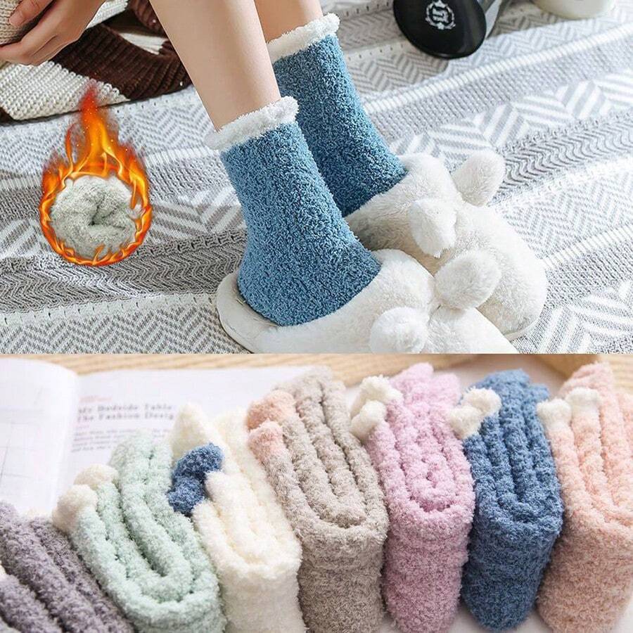 6/7 Pairs Women Coral Fleece Socks, Multi-Color, Ankle Length, Thick Warm Plush Socks For Indoor Wear, Autumn/Winter - Multicolor - View 1