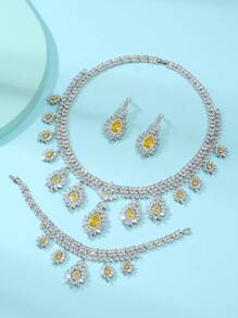 1套裝(4入組)歐美奢華水滴方晶鋯石項鍊,耳環,手鐲套裝適合婚禮,舞會,女性時尚首飾類適用於節日 - 黃色 - 查看 12