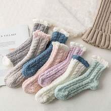 6/7 Pairs Women Coral Fleece Socks, Multi-Color, Ankle Length, Thick Warm Plush Socks For Indoor Wear, Autumn/Winter - Multicolor - View 6