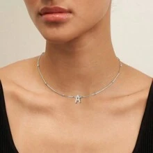 1pc Classic Initial Pendant Stainless Steel Bead Chain Necklace For Women - Silver - View 1