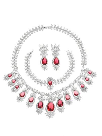 1 طقم 4 قطع من مجموعة المجوهرات الفاخرة، قلادة وأقراط وسوار مزينة بالزركون ، أنيقة للزفاف وحفلات المساء وإكسسوارات عطلة عصرية للنساء