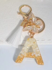 1pc English Letter Keychain With Butterfly & Tassel Charm, Popular And Charming Design - White - View 2