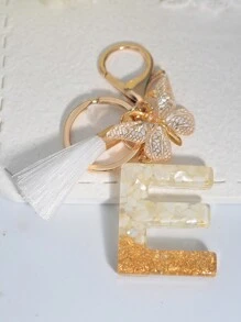 1pc English Letter Keychain With Butterfly & Tassel Charm, Popular And Charming Design - White - View 4