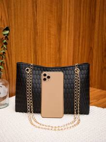 Fashionable Embossed Handbag Simple Women's Shoulder Bag With Chain Strap For Crossbody Or Shoulder , Old Money - Black - View 6