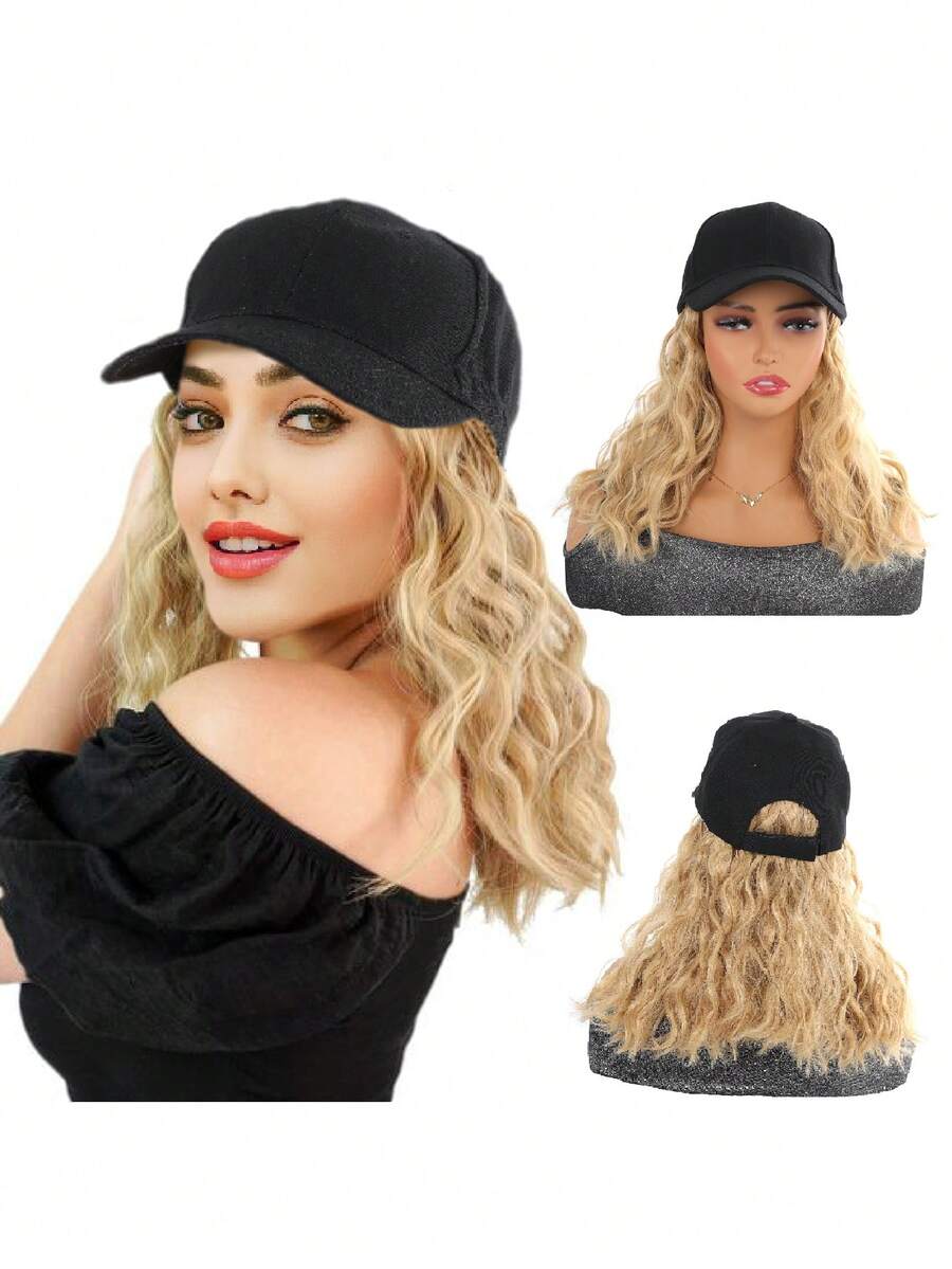 帽子假髮短波浪捲髮假髮,帶可調節黑色棒球帽帶合成卷髮延長件,適合日常佩戴 - 金色 - 查看 1