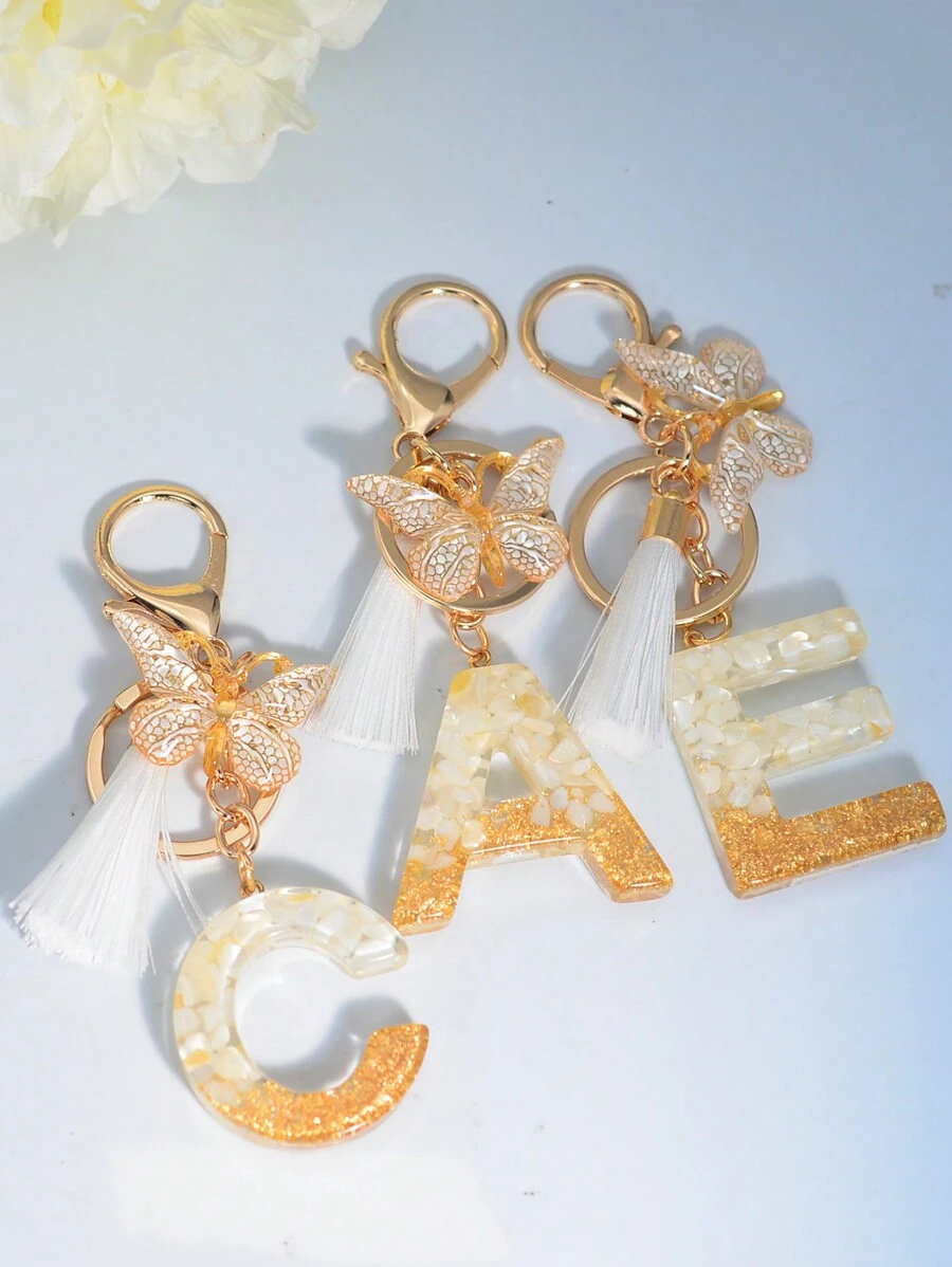 1pc English Letter Keychain With Butterfly & Tassel Charm, Popular And Charming Design - White - View 1