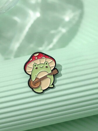 1pc Mushroom Playing Piano Cartoon Frog Enamel Pin Badge, Fashionable Jewelry Accessory Suitable For Daily Use For Men And Women