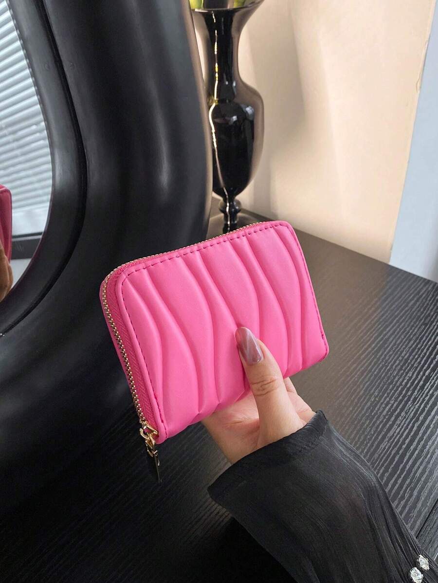1pc Short Wavy Pattern Wallet Card Holder Portable Fashion Short Wallet Suitable For Women's Daily Use Dating Gift,Men's Wallet - Hot Pink - View 1