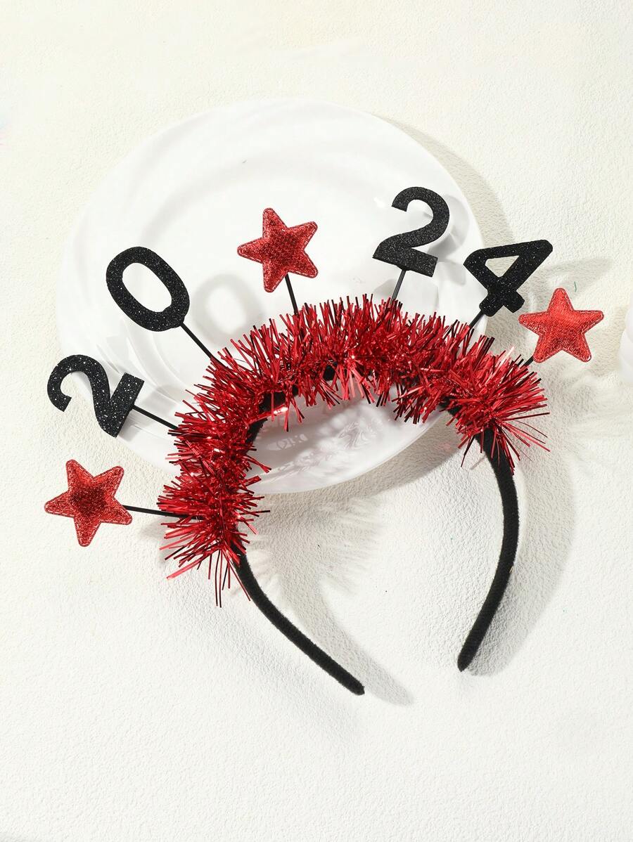 New Arrival Red Hair Hoop With 2024 Number And Five-pointed Star Decoration For New Year's Eve, 1pc - Multicolor - View 1