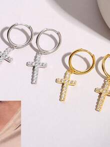 1pair Rhinestone-inlaid Cross Pendant Earrings For Women - Yellow Gold - View 4