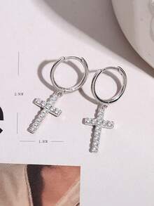 1pair Rhinestone-inlaid Cross Pendant Earrings For Women - Yellow Gold - View 5