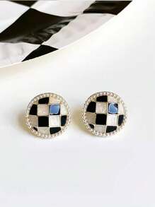 1 對法式復古黑白格子圓形耳環,精緻優雅的女士日常時尚配件