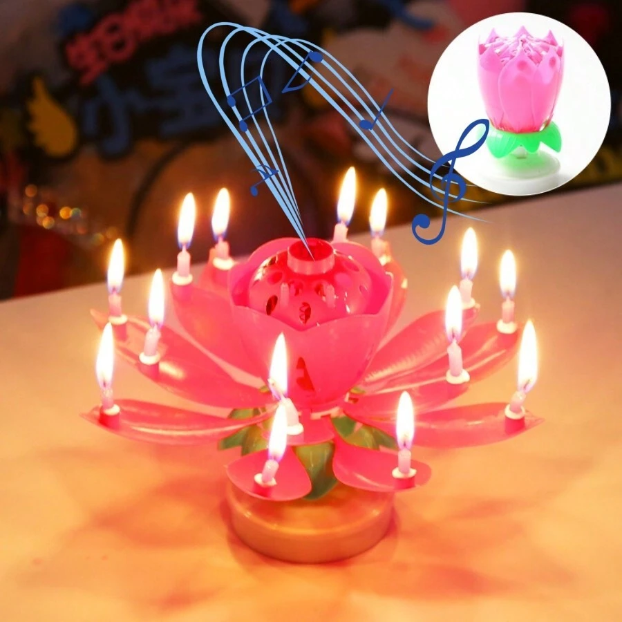 件蓮花音樂生日蠟燭,創意電子音樂蠟燭,蓮花雙層開花旋轉蠟燭,生日派對氣氛蛋糕裝飾創意音樂蠟燭 - 粉色 - 查看 1