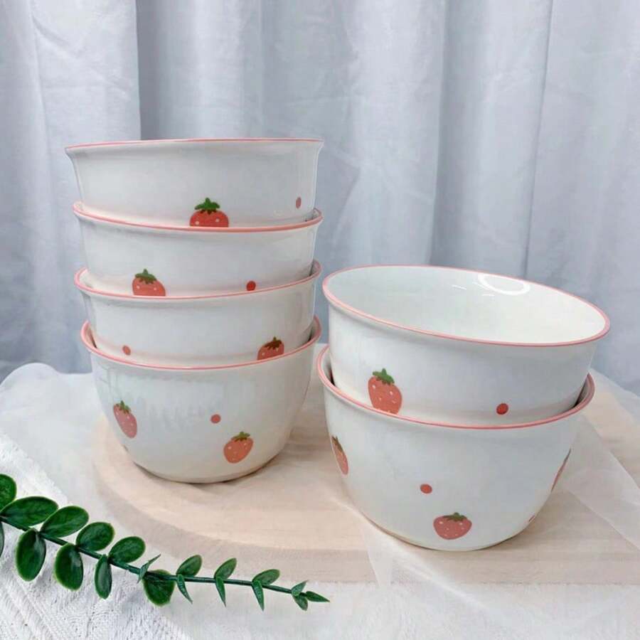 1pc Ceramic Hand-painted Rice Bowl With Thick Rim, Cute Tableware For Kitchen Home Use - White - View 1