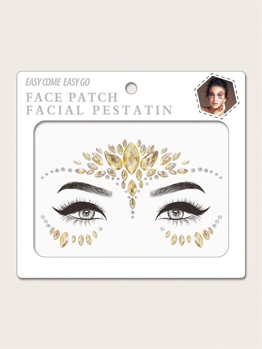 面部纹身贴纸，1 张水钻微型临时纹身，适合有趣的派对用品假期 - 金色 - 查看 1