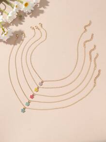 5pcs/Set Girls' Oil Drop Sakura Alloy Necklaces, Suitable For Daily Decoration - Multicolor - View 3