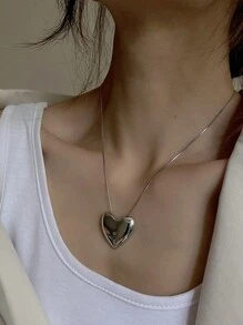 1 Pc Street Snap Punk Style Exaggerated Shiny Big Heart Stainless Steel Necklace Fashion Personalized Clavicle Chain For Women Valentines - Silver - View 2