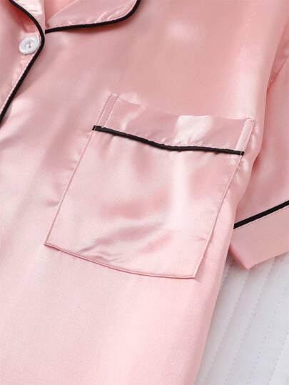 Satijnen Pajama Set Women, Short Sleeved Turn Down Collar Top Bowknot Shorts, Home Clothing,Two Piece view 6