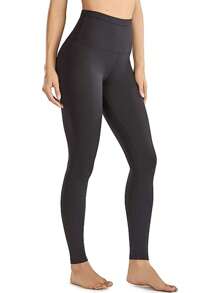 女士高腰肉色感腹部控制運動緊身褲,瑜伽褲 - 黑色 - 查看 1