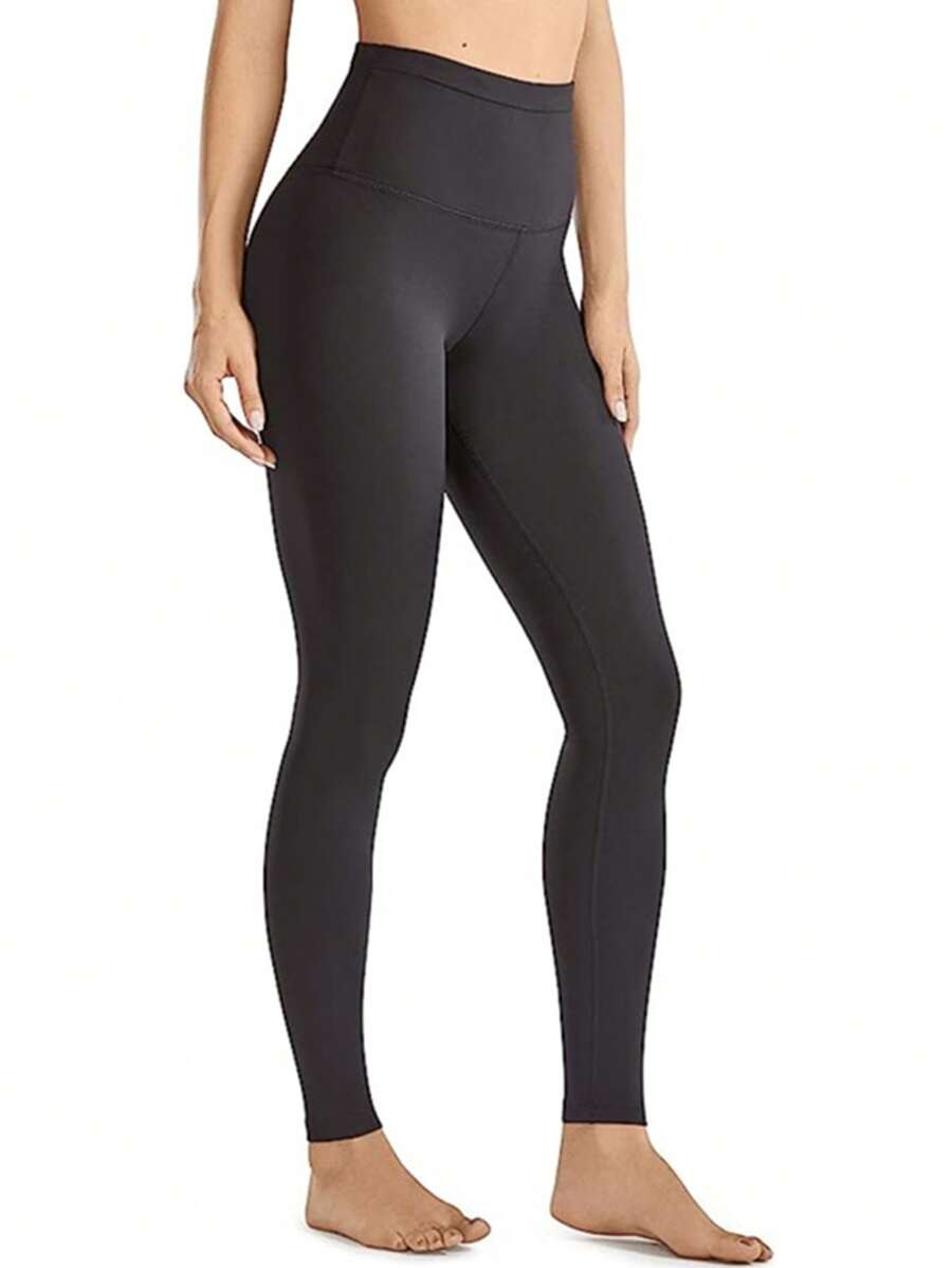 女士高腰肉色感腹部控制運動緊身褲,瑜伽褲 - 黑色 - 查看 1