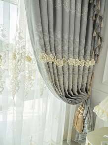 Lujosa cortina de ventana bordada con estampado floral 3D para la privacidad del hogar, adecuada para sala de estar, dormitorio y otras decoraciones del hogar - Gris - Ver 3