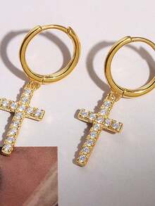 1pair Rhinestone-inlaid Cross Pendant Earrings For Women - Yellow Gold - View 9