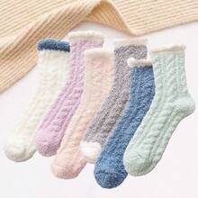 6/7 Pairs Women Coral Fleece Socks, Multi-Color, Ankle Length, Thick Warm Plush Socks For Indoor Wear, Autumn/Winter - Multicolor - View 5