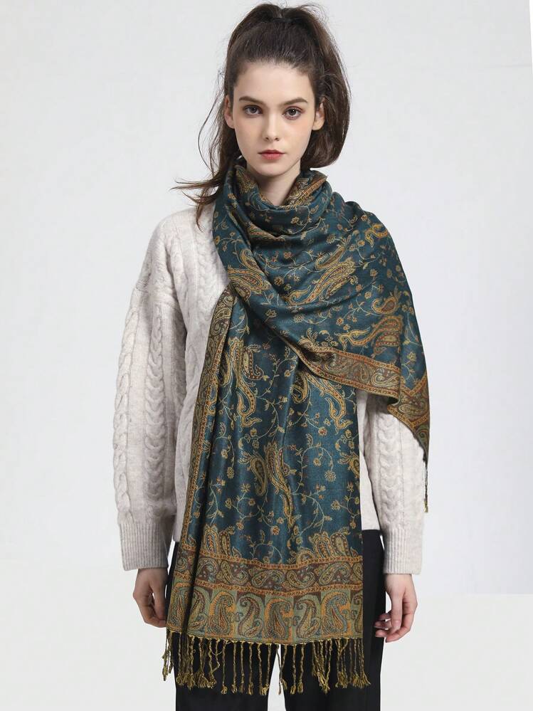 Boho Tassel Scarf, Paisley Woven Shawl, Pashmina Stone