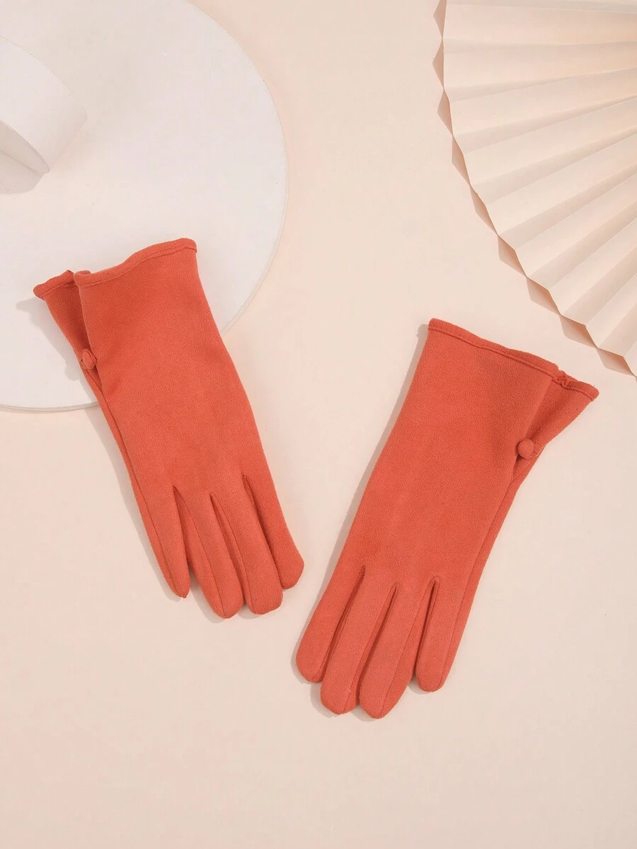 1pair Women's Orange Suede Gloves With Flared Cuff Design And Touch Screen Functionality, Winter - Orange - View 1