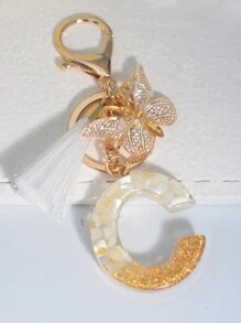 1pc English Letter Keychain With Butterfly & Tassel Charm, Popular And Charming Design - White - View 3