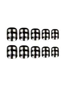 mejora su estilo - 24 piezas corto de cuadros Uñas Set ( ) + 1 rollo de Cinta de uñas + 1 pieza Limas para uñas incluido - Blanco y Negro - Ver 3
