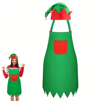 1 Set/2pcs, Decorative Apron, Women's Christmas Apron And Hat Set, Christmas Elf Hat, Santa Claus Kitchen Apron Decor, Fun Decoration For Christmas Party