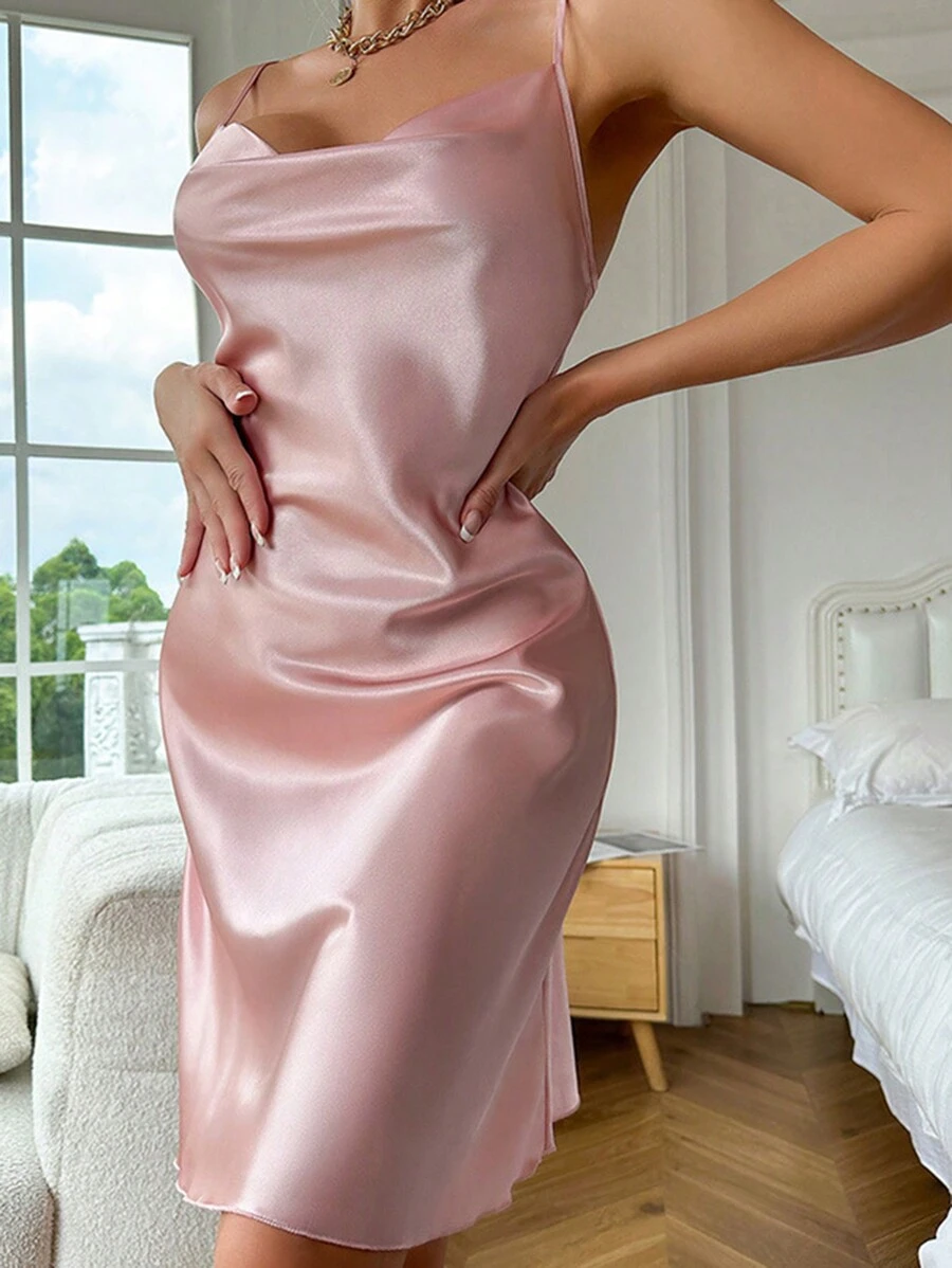 1 Miếng Của phụ nữ Gợi cảm Đen Lụa satin Váy liền áo Với Dây đai mỏng Và Mở Lưng - Hồng - Xem 1