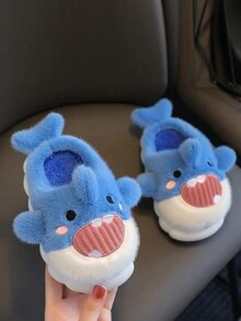 孩子們的秋天和冬天拖鞋適用於男孩,卡通鯊魚設計室內家庭防滑軟底拖鞋 - 藍色 - 查看 2