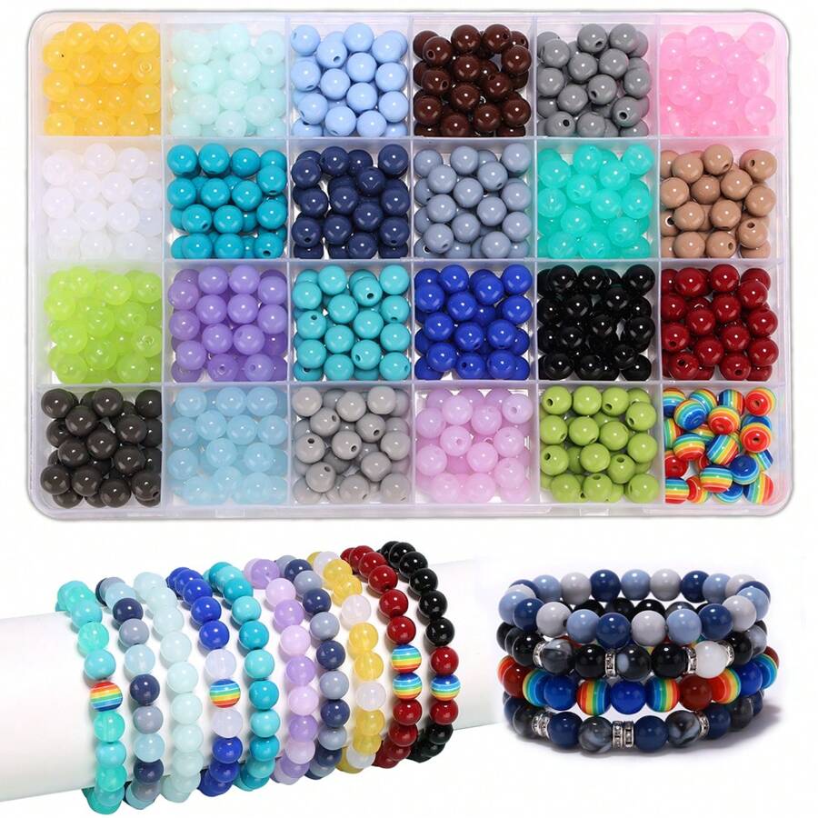 600入组圓珠適用於手鍊製作,8mmDIY寶石珠子珠寶製作套件帶彩虹珠子,24顏色圓形寶石珠子合適對於初學者 - 珠子套件 - 查看 1