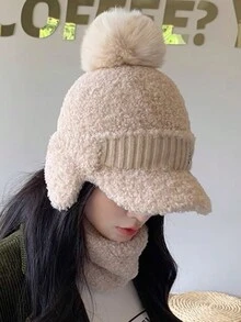 1頂女式羊羔毛針織保暖棒球帽，帶有耳朵保護，冬季加厚帽子，適用於室外活動，騎行防寒帽 - 卡其色 - 查看 4