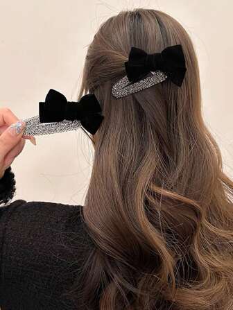 1 pièce Style français Clip à cheveux pour femmes avec nœud papillon en velours et décoration de strass, élégant, pour les franges latérales. Épingle à cheveux, accessoires pour cheveux, barrettes, pinces pour cheveux