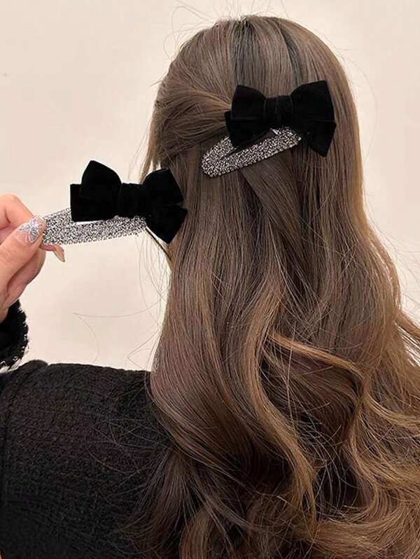 Street 1pc French Style Velvet Bowknot & Rhinestone Decor Hair Clip For Women, Elegant Side Bangs Bb Hairpin Hair Accessories,Hair Barrettes Hair Clips Claw Clips Hair Claws