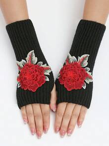 1 đôi Của phụ nữ Đen & Đỏ  Hình hoa Sọc Găng tay cụt ngón , Chống gió & Ấm áp Đúng mốt Nửa Ngón tay Cổ tay Ấm áp hơn Tay áo - màu đen - Xem 1