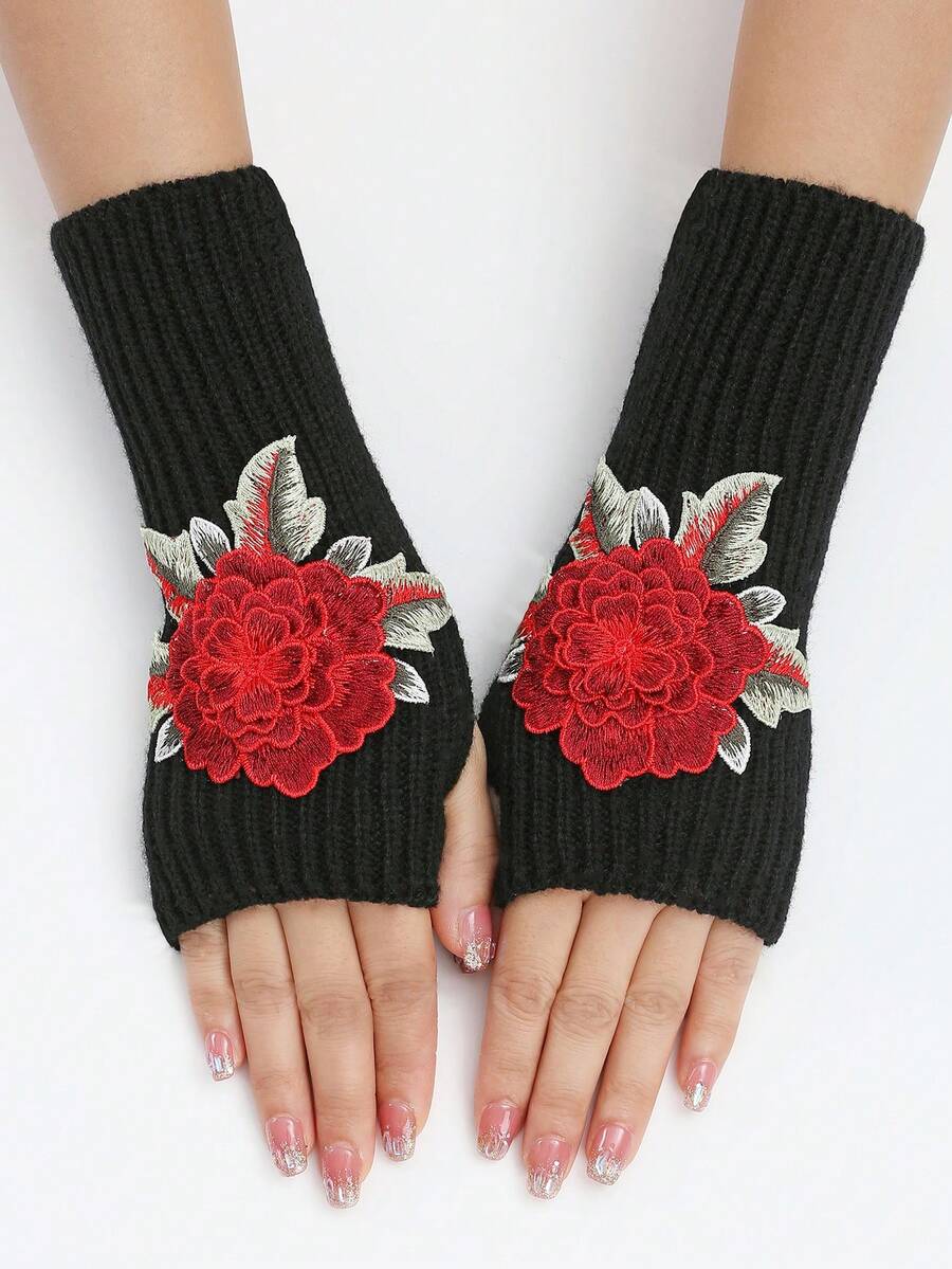 1 đôi Của phụ nữ Đen & Đỏ  Hình hoa Sọc Găng tay cụt ngón , Chống gió & Ấm áp Đúng mốt Nửa Ngón tay Cổ tay Ấm áp hơn Tay áo - màu đen - Xem 1