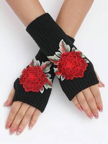 1 đôi Của phụ nữ Đen & Đỏ  Hình hoa Sọc Găng tay cụt ngón , Chống gió & Ấm áp Đúng mốt Nửa Ngón tay Cổ tay Ấm áp hơn Tay áo - màu đen - Xem 2