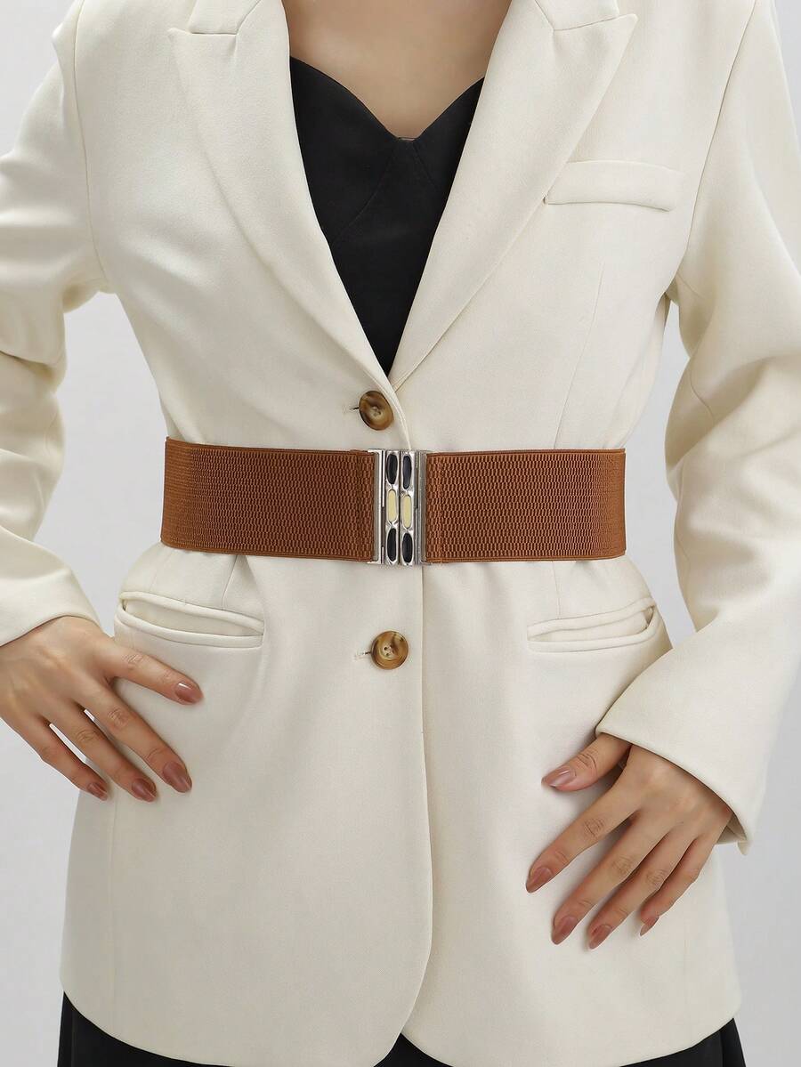 1入棕色彈性扣繫女士腰帶裝飾日常穿搭