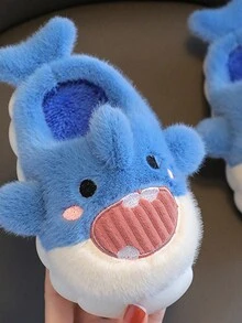 孩子們的秋天和冬天拖鞋適用於男孩,卡通鯊魚設計室內家庭防滑軟底拖鞋 - 藍色 - 查看 3