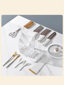 1pc Black Kitchen High-end Transparent Knife Holder, Multifunctional Chopsticks Storage Rack, Tableware Storage Box, Kitchen Countertop Cabinet Storage Rack For Baking Tools - Black - View 6