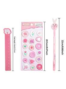 3pcs Cute Pink Rabbit Theme Stationery Set Including Bookmarks, Ruler, Personalized Stickers, Sequin Pen - Pink - View 2