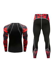 Men's Geometric Pattern Sportswear Set Gym Clothes Men, Athletic Suit, Tracksuit - Black - View 2