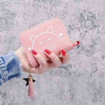2023 New Arrival Women's Cute Cat Print Zipper Short Wallet Minimalist & Fresh Style Coin Purse Card Holder Hot Pink Purse
