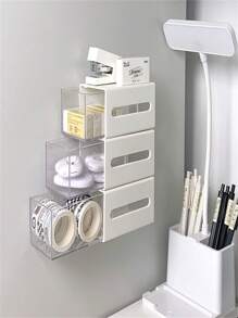 1pc White Wall Mounted Swab Storage Box & Transparent Clear Drawer Organizer For Bathroom Hair Accessories And Jewelries